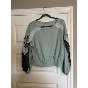 Free People Sage Green Waffle Knit Mixed Media Lace Balloon Sleeve Top Small